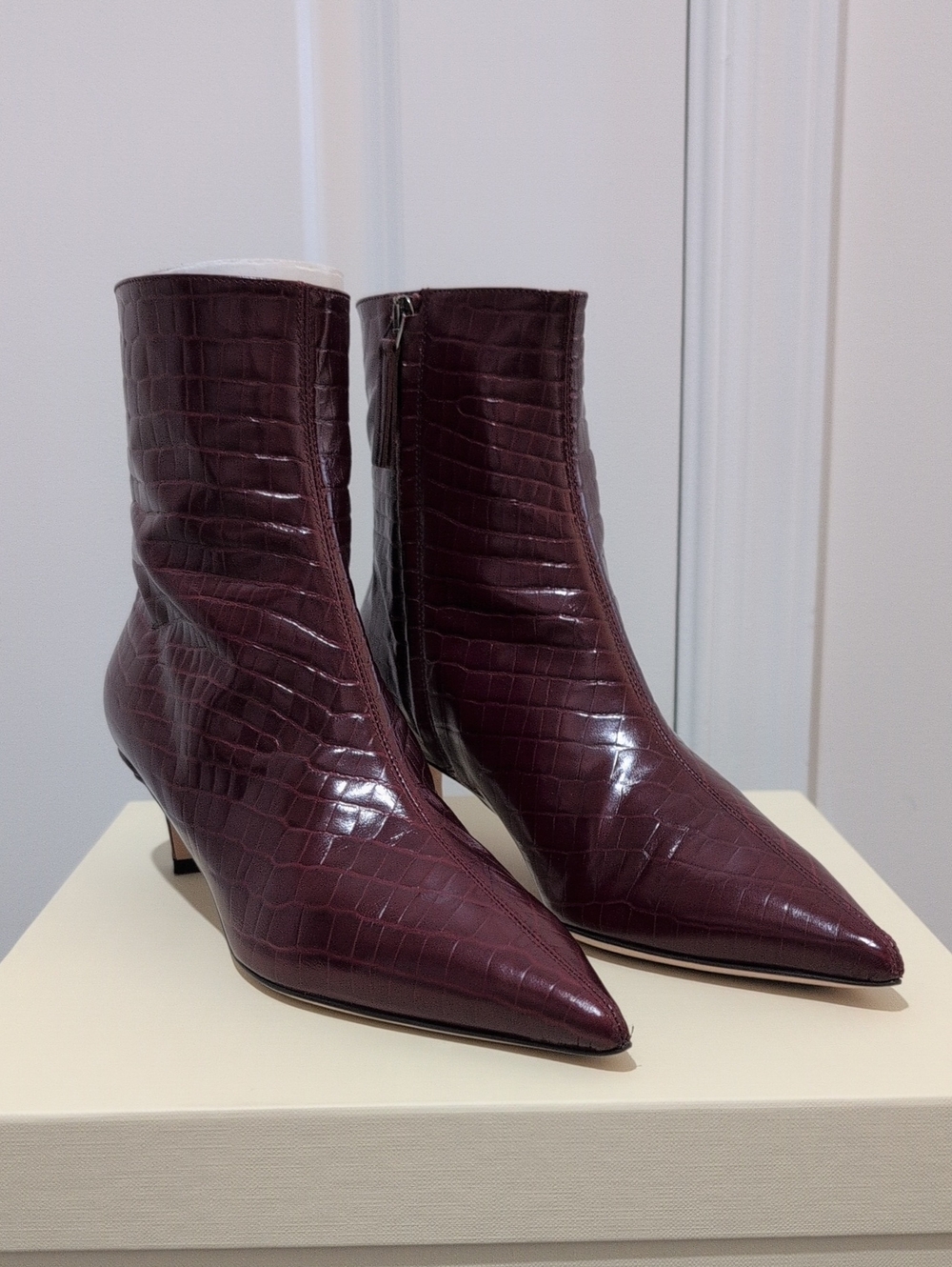 NWT M. Gemi Delfina Pointed Croc-Embossed Ankle Boots - Burgundy
